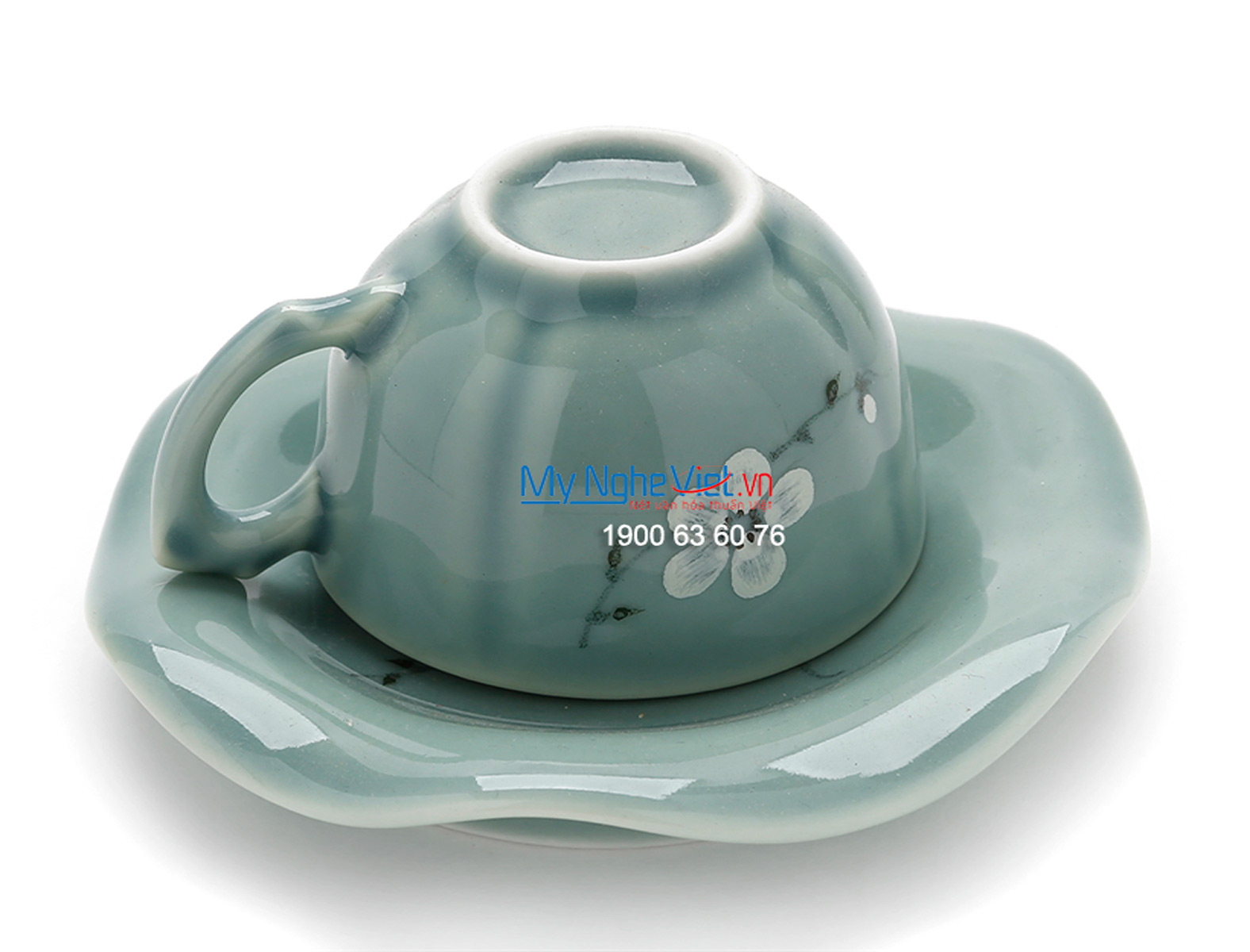 Bộ bình trà cao cấp men xanh lam dáng ếch sen vẽ hoa đào trắng MNV-TS450